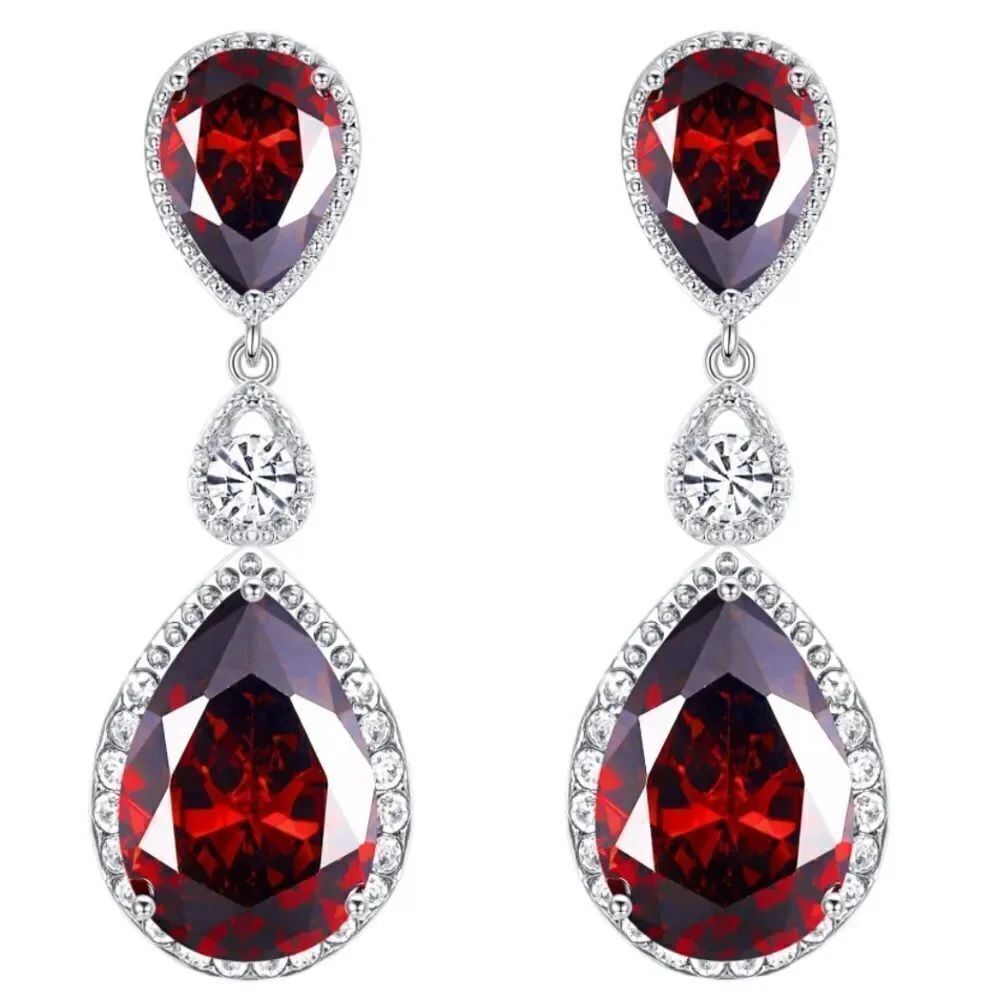 Silver with Red Garnet and White Diamond CZ Teardrop Chandelier Post Earrings